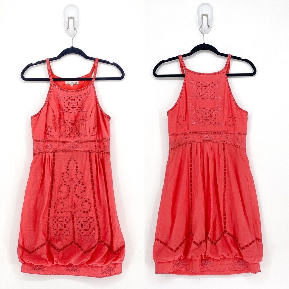 Sue Wong Women 6 Dress Coral Pink Embroidered Eyelet Bubble Sleeveless FLAW